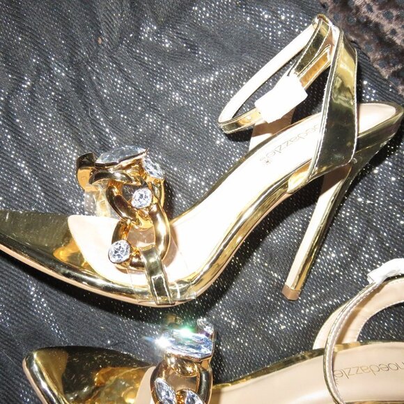 Shoe Dazzle Willow Gold Faux Leather Rhinestone Embellished Stiletto Sandals 7 - Picture 9 of 15